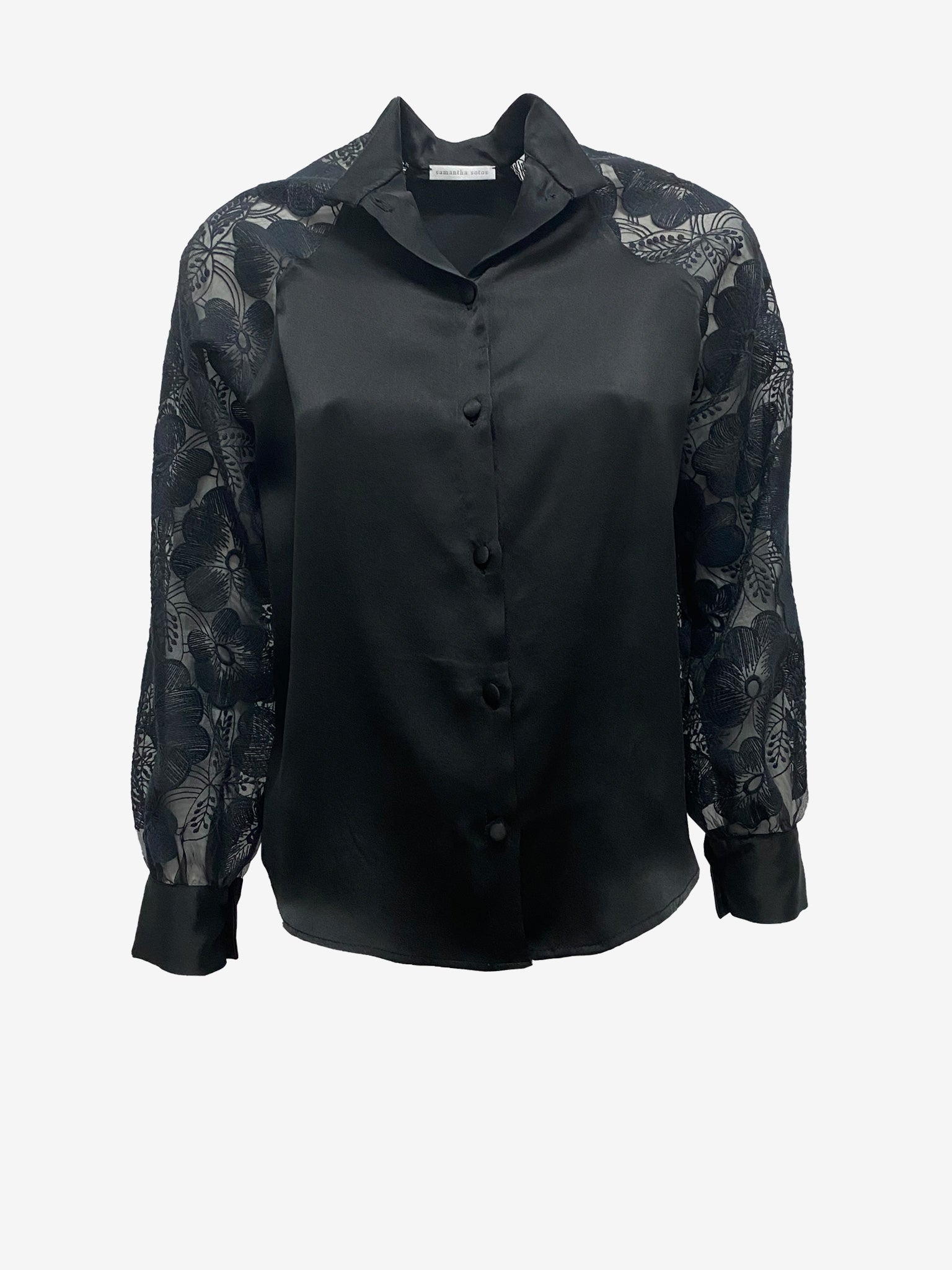 Black Silk Satin Cotton Lace Blouse