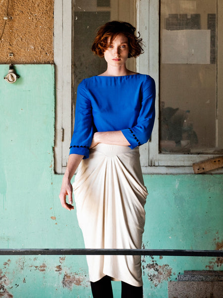 Electric Blue Top & Ecru Wool Blend Skirt